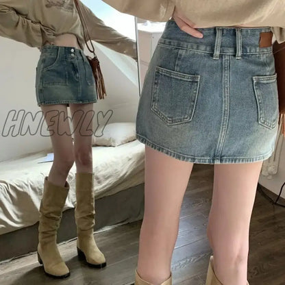 xsrrr Denim Mini Skirt Women High Waist A-line Pockets Distressed Sexy Vintage Jeans Skirt Summer Cowgirl Streetwear