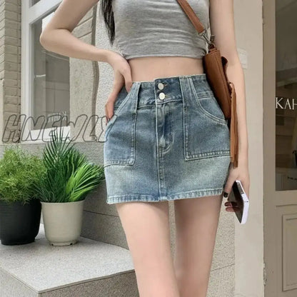 xsrrr Denim Mini Skirt Women High Waist A-line Pockets Distressed Sexy Vintage Jeans Skirt Summer Cowgirl Streetwear