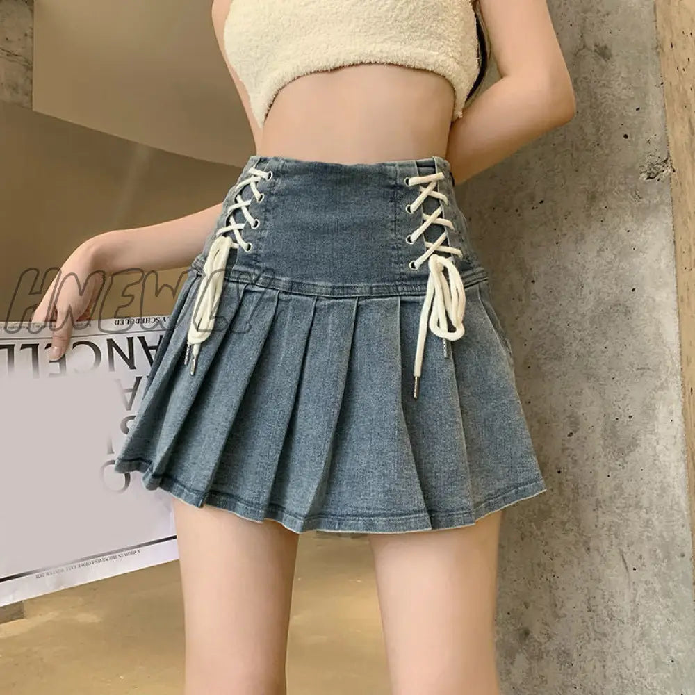 xsrrr Denim Pleated Skirt Korean Fashion Women Bandage High Waist A-line Cute Sexy Cargo Jean Mini Skirt Summer Y2k Girl