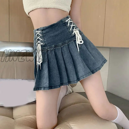 xsrrr Denim Pleated Skirt Korean Fashion Women Bandage High Waist A-line Cute Sexy Cargo Jean Mini Skirt Summer Y2k Girl