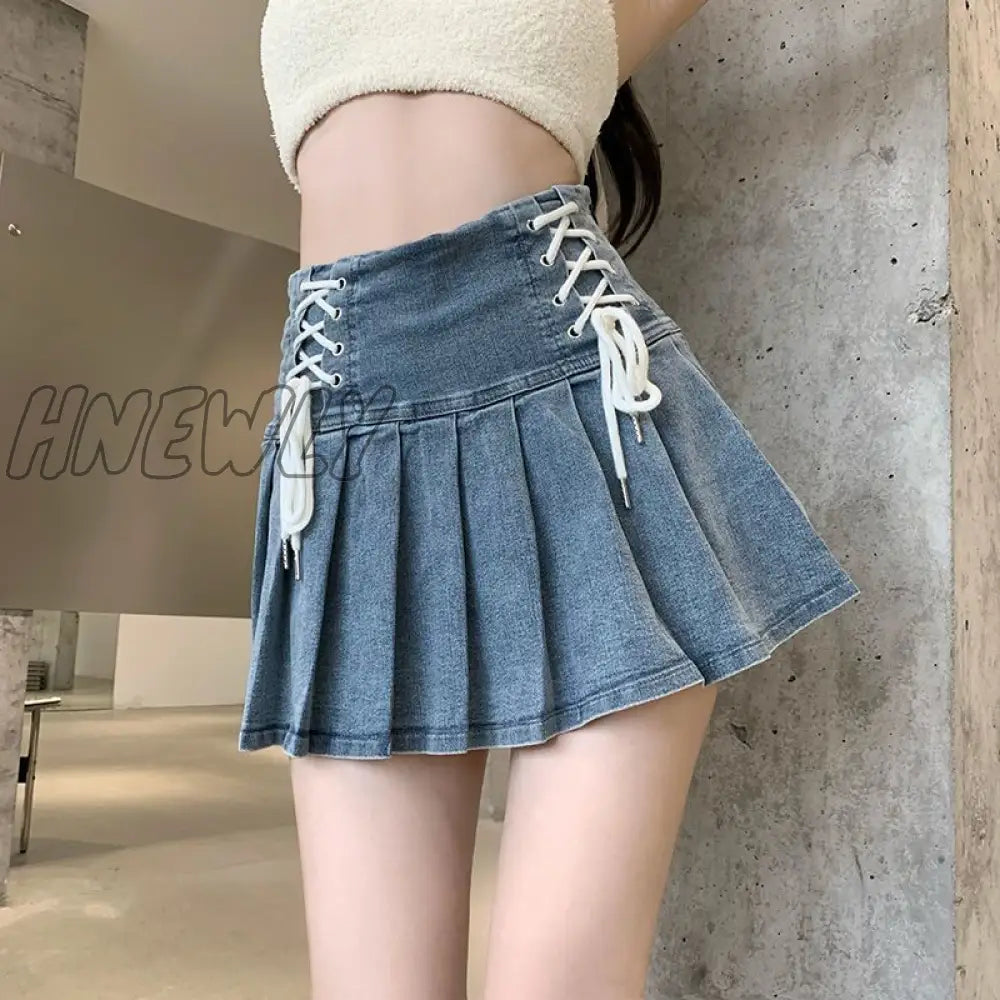 xsrrr Denim Pleated Skirt Korean Fashion Women Bandage High Waist A-line Cute Sexy Cargo Jean Mini Skirt Summer Y2k Girl