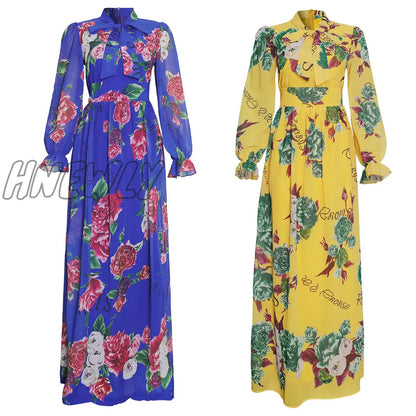 Hnewly Dinner Dresses For Women New African Spring Summer Elegant Gown Flowers Printed Dashiki Long Dress Ladies Clothing