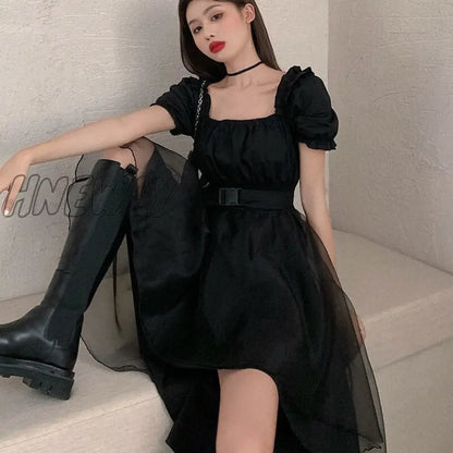 Hnewly Dress Women Sashes Mesh Vintage Solid French Slim Square Collar Trendy Design Party Dance Ulzzang Harajuku Mujer Summer Princess