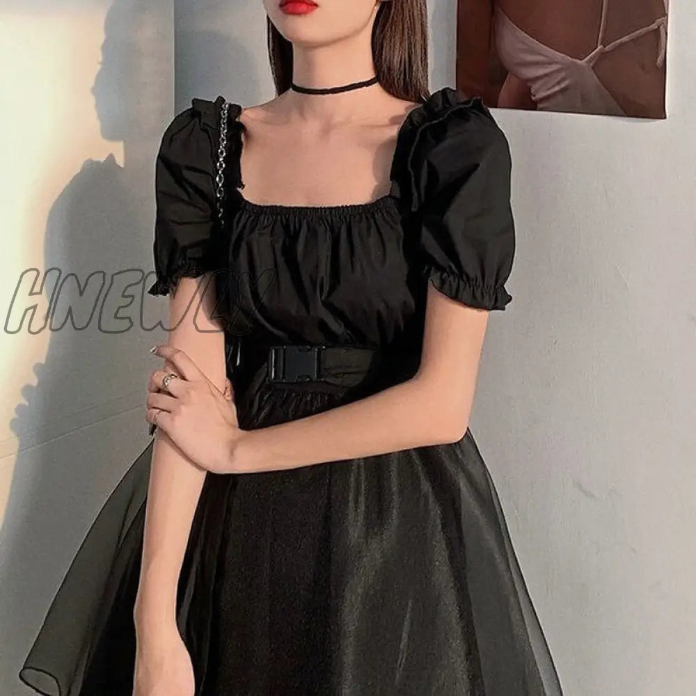 Hnewly Dress Women Sashes Mesh Vintage Solid French Slim Square Collar Trendy Design Party Dance Ulzzang Harajuku Mujer Summer Princess