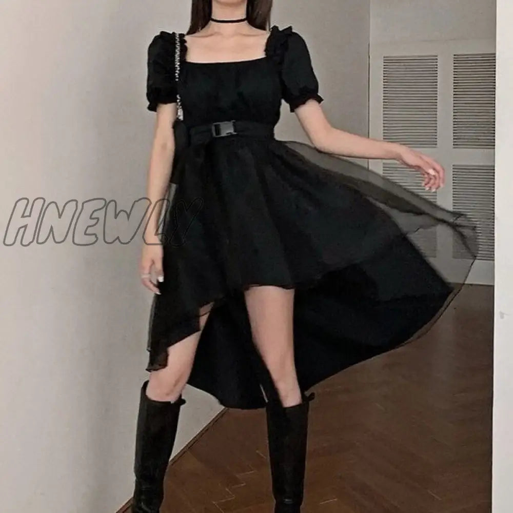 Hnewly Dress Women Sashes Mesh Vintage Solid French Slim Square Collar Trendy Design Party Dance Ulzzang Harajuku Mujer Summer Princess