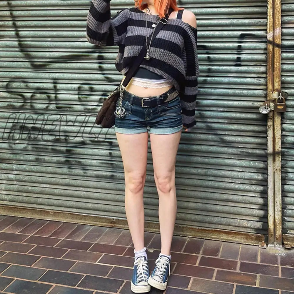 Hnewly E-girl Gothic Striped Knitted Pullovers 2000s Retro Dark Academia Sweater Y2K Vintage Harajuku Grunge Jumpers Autumn Clothes