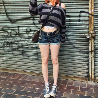 Hnewly E-girl Gothic Striped Knitted Pullovers 2000s Retro Dark Academia Sweater Y2K Vintage Harajuku Grunge Jumpers Autumn Clothes