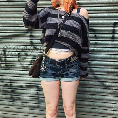 Hnewly E-girl Gothic Striped Knitted Pullovers 2000s Retro Dark Academia Sweater Y2K Vintage Harajuku Grunge Jumpers Autumn Clothes