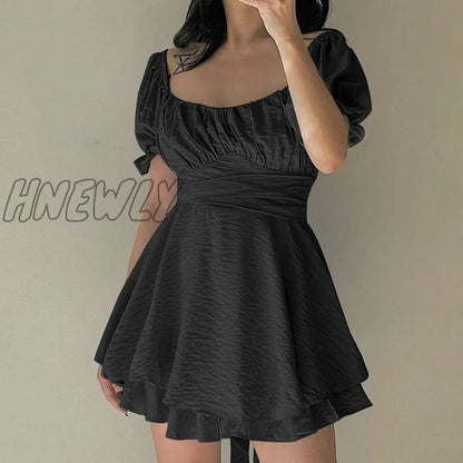 Hnewly Elegant Bare Shoulders Mini Dress Evening Party Dresses French Short Sleeve Split Dress Korean Summer Women's Clothing