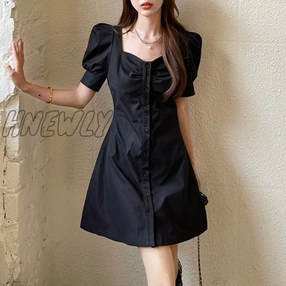 Hnewly Elegant Bare Shoulders Mini Dress Evening Party Dresses French Short Sleeve Split Dress Korean Summer Women's Clothing