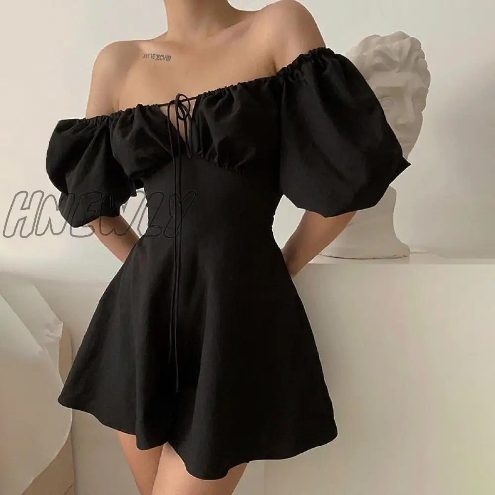 Hnewly Elegant Bare Shoulders Mini Dress Evening Party Dresses French Short Sleeve Split Dress Korean Summer Women's Clothing