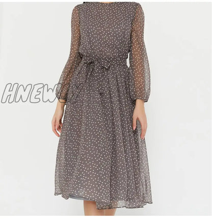 xsrrr Elegant Dot Print Long Sleeve Polka Dress O Neck Chiffon A Line Women Casual Dress Vintage Midi Vestidos De Spring Fits