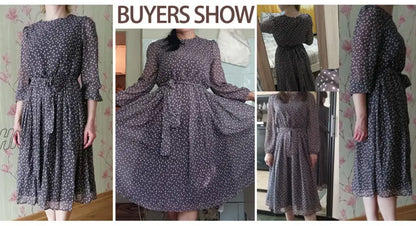 xsrrr Elegant Dot Print Long Sleeve Polka Dress O Neck Chiffon A Line Women Casual Dress Vintage Midi Vestidos De Spring Fits