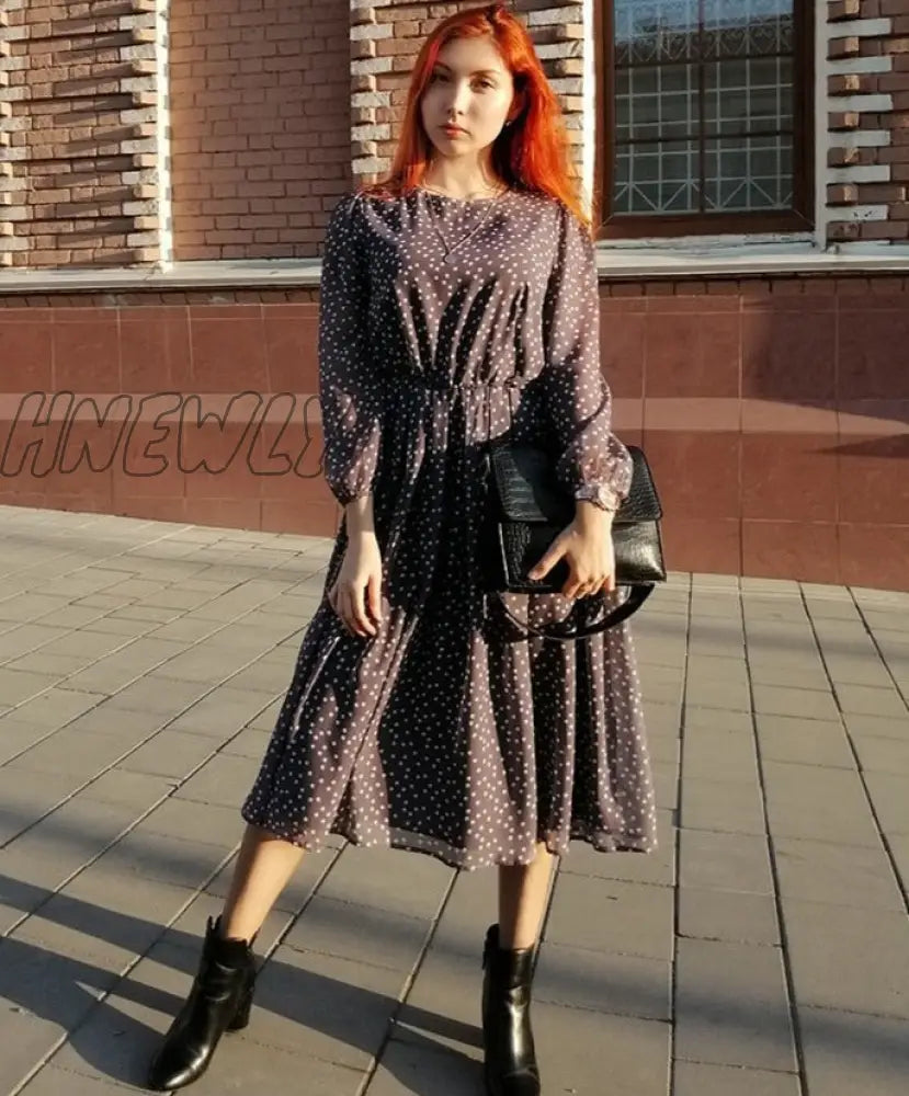 xsrrr Elegant Dot Print Long Sleeve Polka Dress O Neck Chiffon A Line Women Casual Dress Vintage Midi Vestidos De Spring Fits