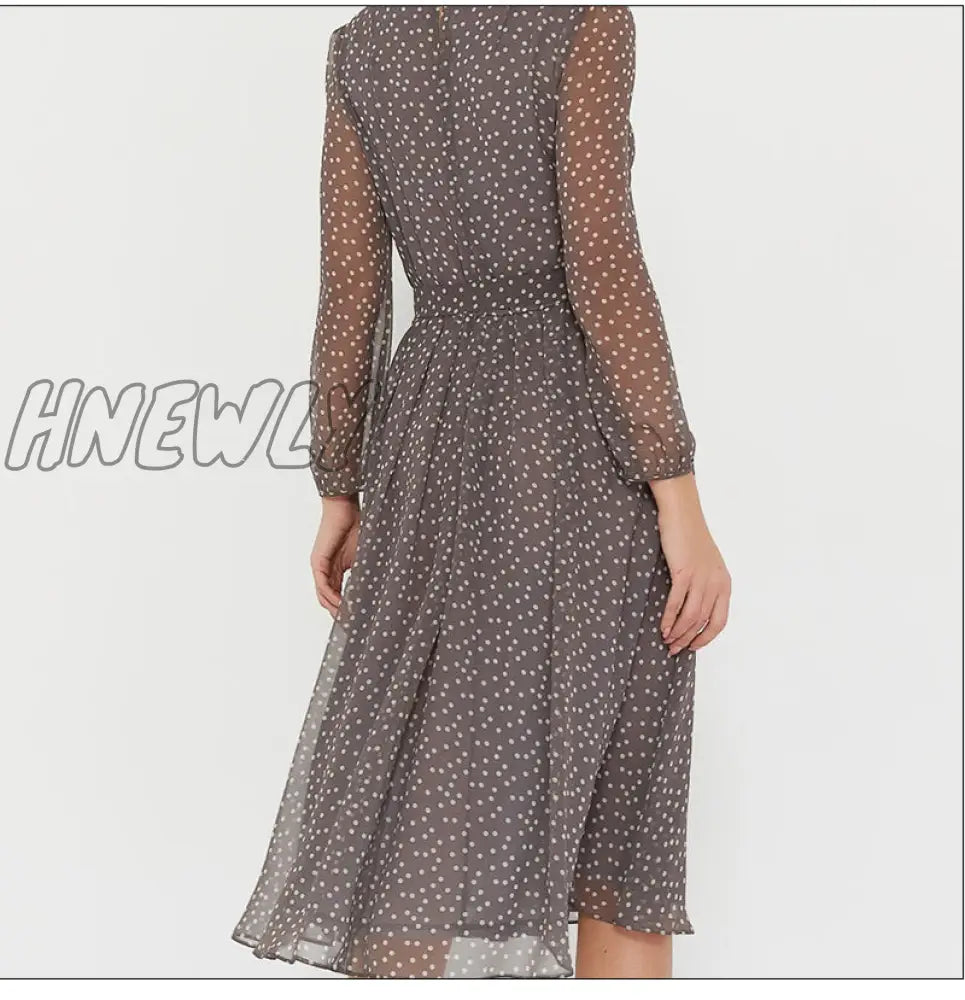 xsrrr Elegant Dot Print Long Sleeve Polka Dress O Neck Chiffon A Line Women Casual Dress Vintage Midi Vestidos De Spring Fits