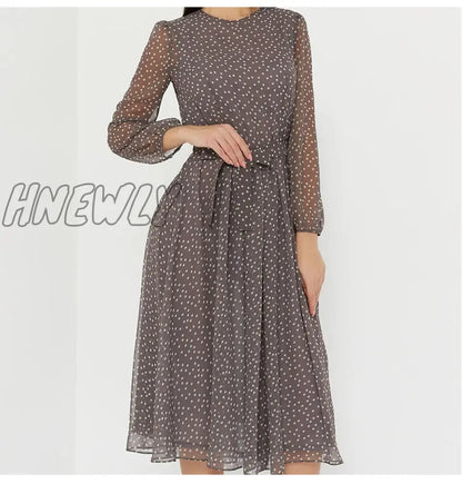 xsrrr Elegant Dot Print Long Sleeve Polka Dress O Neck Chiffon A Line Women Casual Dress Vintage Midi Vestidos De Spring Fits