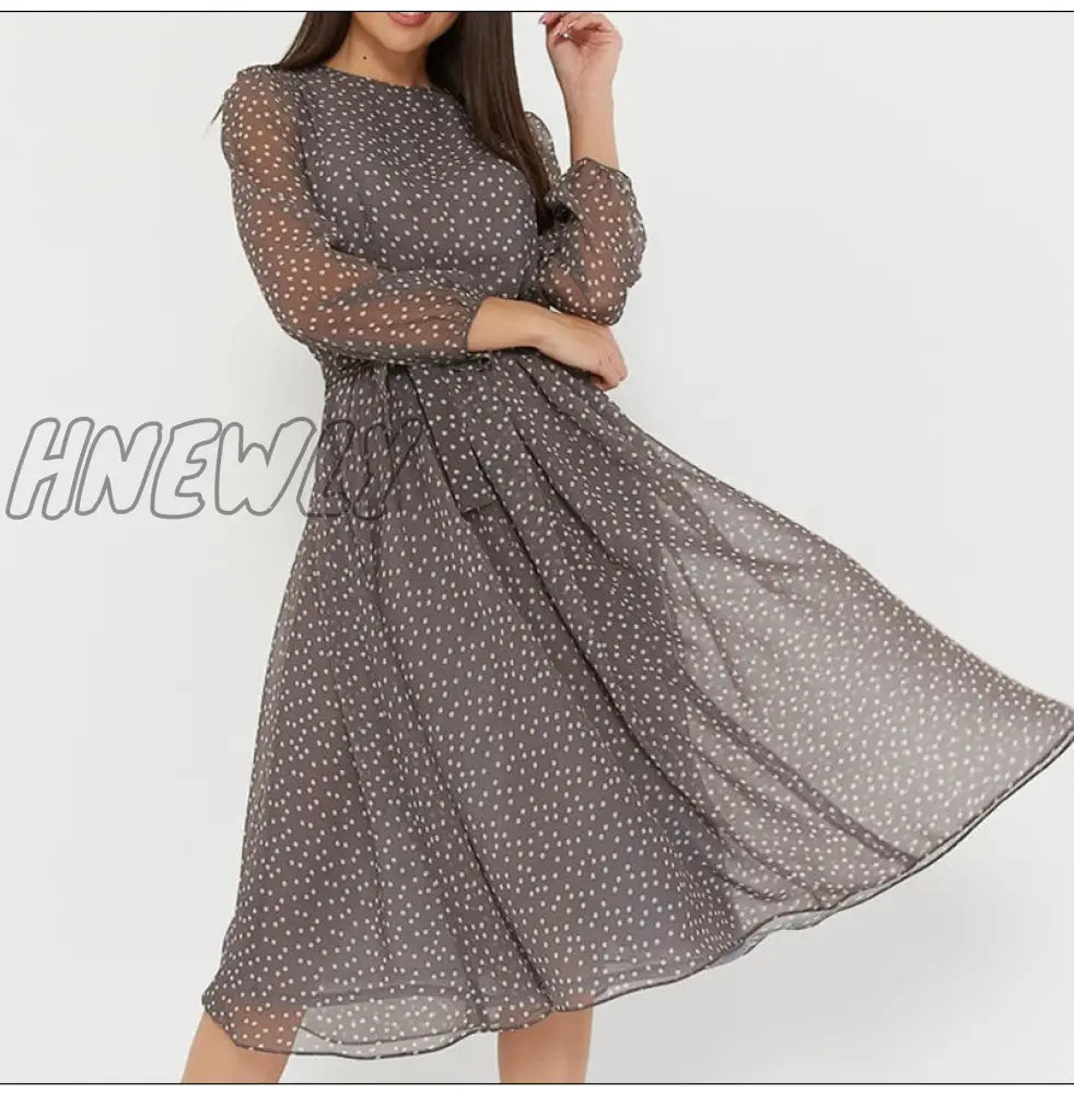 xsrrr Elegant Dot Print Long Sleeve Polka Dress O Neck Chiffon A Line Women Casual Dress Vintage Midi Vestidos De Spring Fits