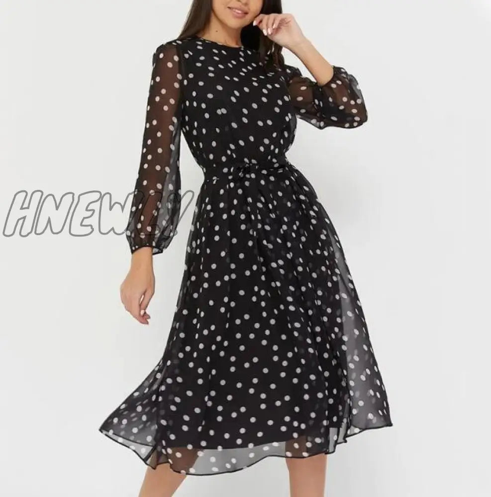 xsrrr Elegant Dot Print Long Sleeve Polka Dress O Neck Chiffon A Line Women Casual Dress Vintage Midi Vestidos De Spring Fits