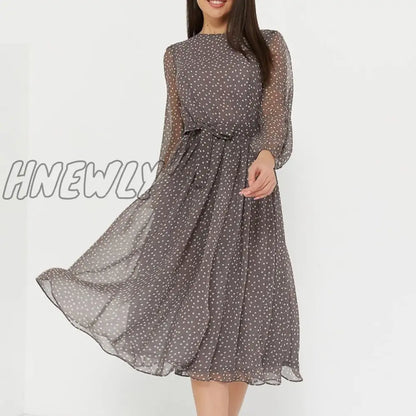 xsrrr Elegant Dot Print Long Sleeve Polka Dress O Neck Chiffon A Line Women Casual Dress Vintage Midi Vestidos De Spring Fits