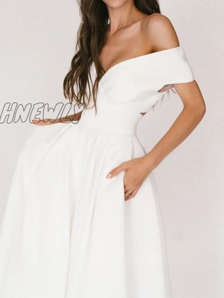 xsrrr Elegant Dress Women Short Sleeve Sexy V-neck Party Dresses Lady White Spring Summer Long Dress Off Shoulder Prom Dresses