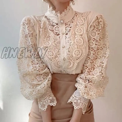 Hnewly Elegant Embroidery Petal Sleeve Hollow Out Women Lace Blouse Flower Lace Patchwork Stand Collar Shirt Femme Autumn Blusas Tunic