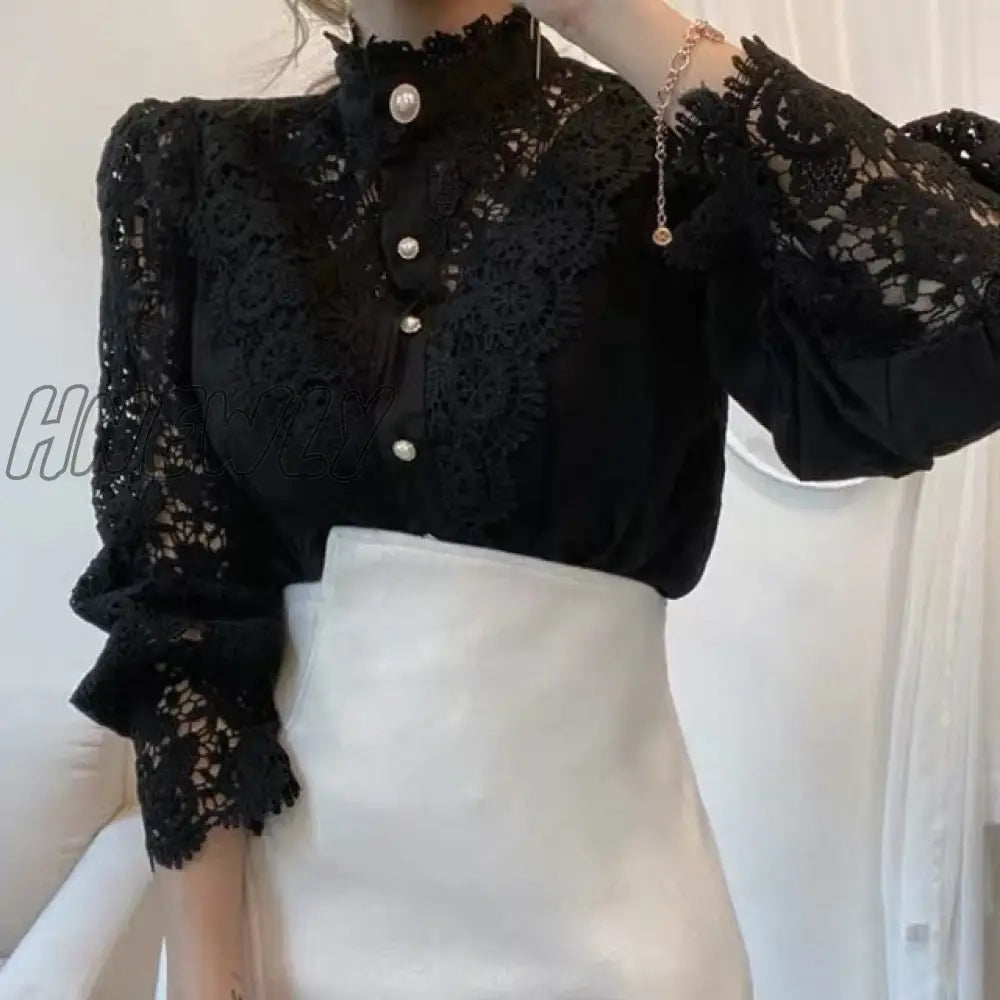 Hnewly Elegant Embroidery Petal Sleeve Hollow Out Women Lace Blouse Flower Lace Patchwork Stand Collar Shirt Femme Autumn Blusas Tunic