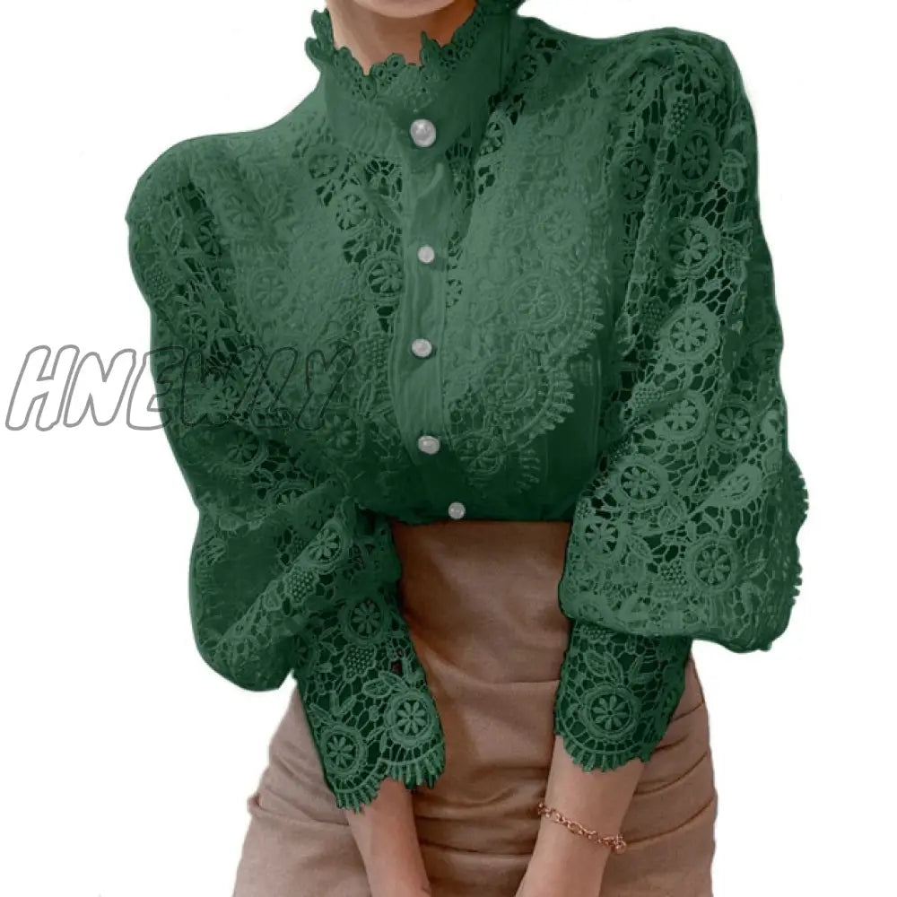 Hnewly Elegant Embroidery Petal Sleeve Hollow Out Women Lace Blouse Flower Lace Patchwork Stand Collar Shirt Femme Autumn Blusas Tunic