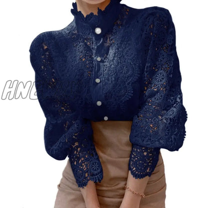 Hnewly Elegant Embroidery Petal Sleeve Hollow Out Women Lace Blouse Flower Lace Patchwork Stand Collar Shirt Femme Autumn Blusas Tunic