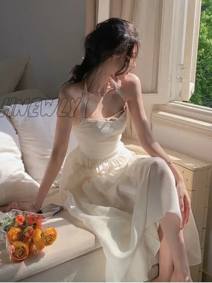 Hnewly Elegant Fashion Halter Fairy Graduation Dresses Summer Woman Korean Solid A-Line Birthday Evering Party Vestidos Female Clothes