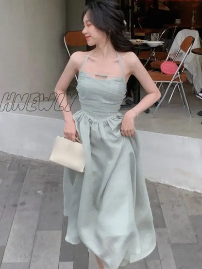 Hnewly Elegant Fashion Halter Fairy Graduation Dresses Summer Woman Korean Solid A-Line Birthday Evering Party Vestidos Female Clothes