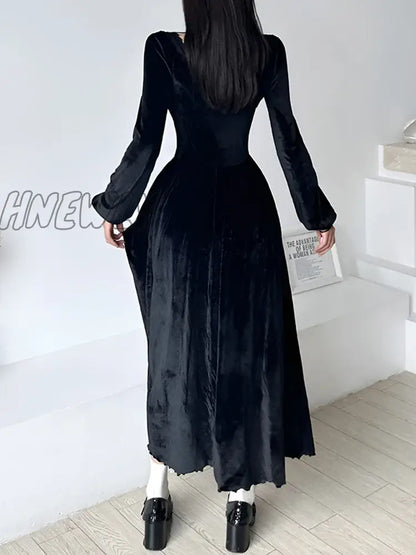 Hnewly Elegant Fashion Lace Trim Velvet A-Line Dress Slim Solid Square Collar Long Sleeve Maxi Dresses For Women Autumn