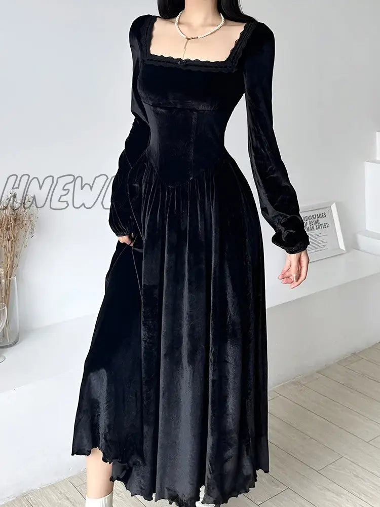 Hnewly Elegant Fashion Lace Trim Velvet A-Line Dress Slim Solid Square Collar Long Sleeve Maxi Dresses For Women Autumn