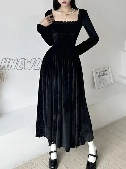 Hnewly Elegant Fashion Lace Trim Velvet A-Line Dress Slim Solid Square Collar Long Sleeve Maxi Dresses For Women Autumn