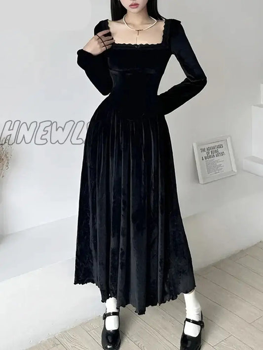 Hnewly Elegant Fashion Lace Trim Velvet A-Line Dress Slim Solid Square Collar Long Sleeve Maxi Dresses For Women Autumn