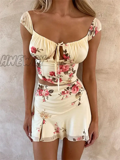 Hnewly Elegant Floral 2 Pieces Sets Women Suits Summer Beach Party Outfits Short Sleeve Tie Up Corsets Crop Tops Mini Skirts