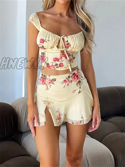 Hnewly Elegant Floral 2 Pieces Sets Women Suits Summer Beach Party Outfits Short Sleeve Tie Up Corsets Crop Tops Mini Skirts