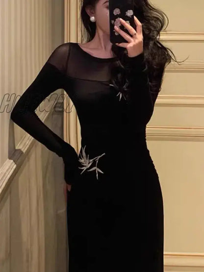 Hnewly Elegant Knitted Dress Women Long Sleeve Mesh Bodycon Mermaid Autumn Winter Slim Solid Evening Party Embroidery Vestidos New