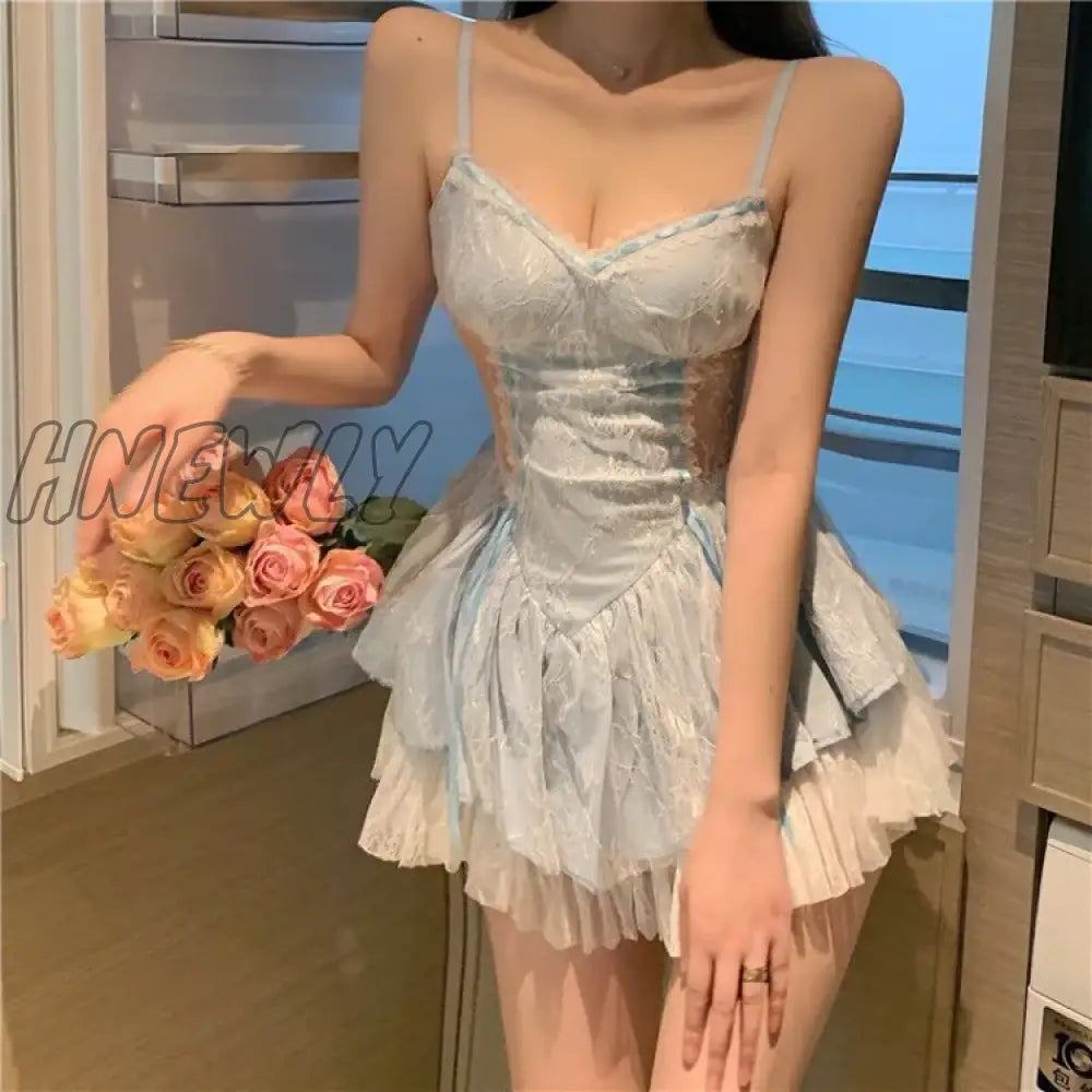 Hnewly Elegant Lace Patchwork Blue Strap Dresses Summer New Slim Fit Dress for Women Y2k E-Girl High Waist Ruched Vestidos Mujer