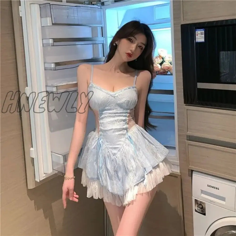 Hnewly Elegant Lace Patchwork Blue Strap Dresses Summer New Slim Fit Dress for Women Y2k E-Girl High Waist Ruched Vestidos Mujer