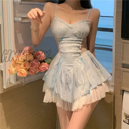 Hnewly Elegant Lace Patchwork Blue Strap Dresses Summer New Slim Fit Dress for Women Y2k E-Girl High Waist Ruched Vestidos Mujer