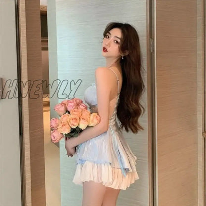 Hnewly Elegant Lace Patchwork Blue Strap Dresses Summer New Slim Fit Dress for Women Y2k E-Girl High Waist Ruched Vestidos Mujer