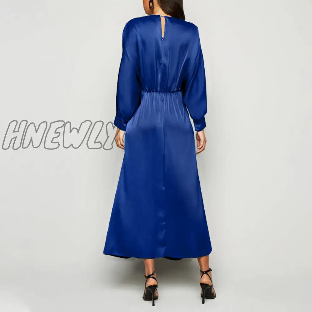 xsrrr Elegant Maxi Dress Summer Women Sexy Satin Silk Solid Long Dress Long Bat Sleeve V Neck Party Vestidos Robe Femme