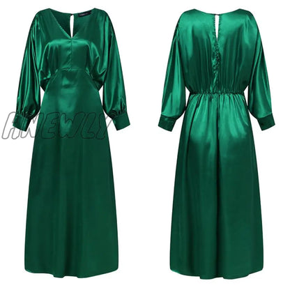 xsrrr Elegant Maxi Dress Summer Women Sexy Satin Silk Solid Long Dress Long Bat Sleeve V Neck Party Vestidos Robe Femme