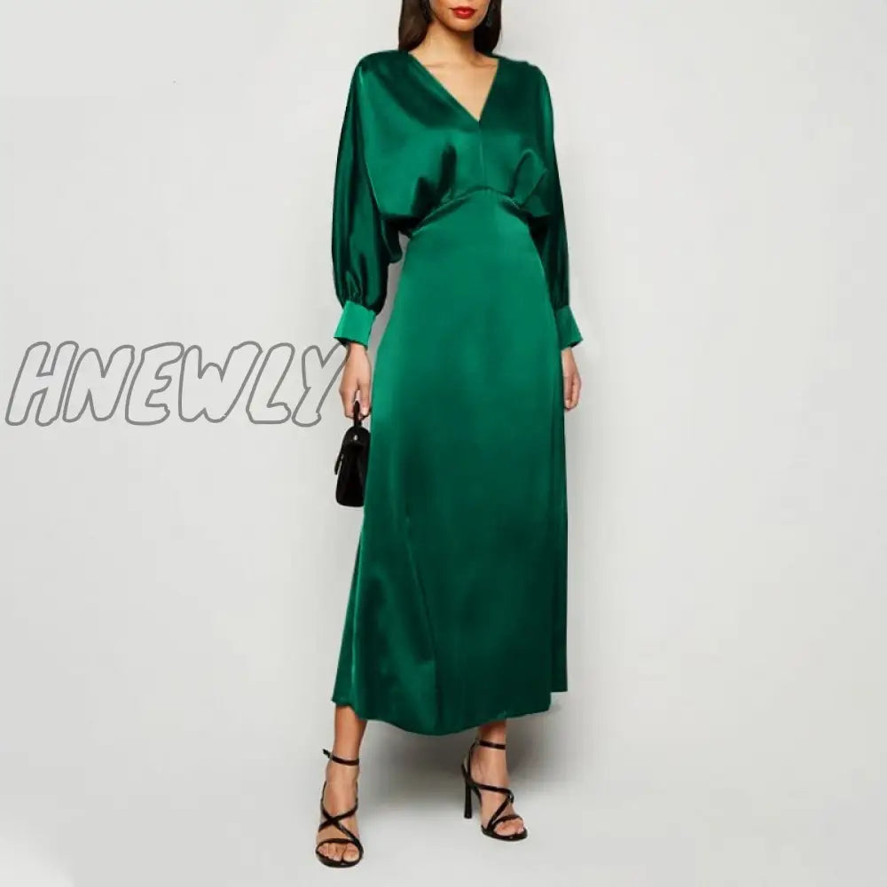 xsrrr Elegant Maxi Dress Summer Women Sexy Satin Silk Solid Long Dress Long Bat Sleeve V Neck Party Vestidos Robe Femme