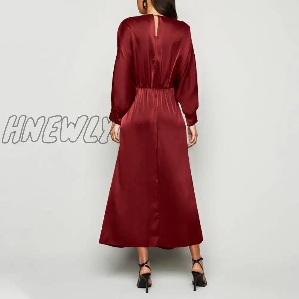 xsrrr Elegant Maxi Dress Summer Women Sexy Satin Silk Solid Long Dress Long Bat Sleeve V Neck Party Vestidos Robe Femme