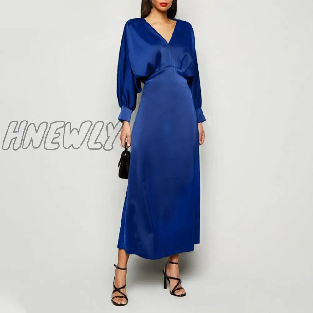 xsrrr Elegant Maxi Dress Summer Women Sexy Satin Silk Solid Long Dress Long Bat Sleeve V Neck Party Vestidos Robe Femme