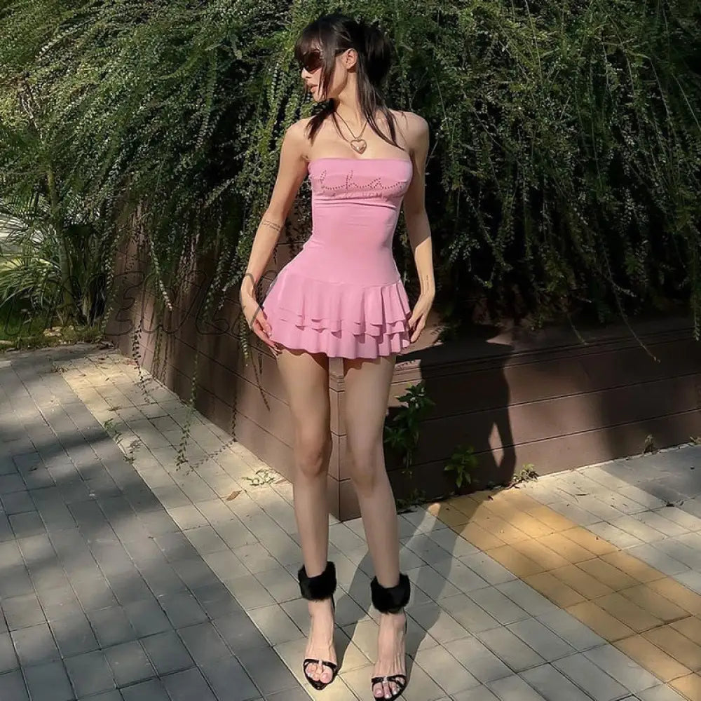 xsrrr Elegant Off Shoulder Crystal Ruffles Bodycon Mini Dresses Sexy Summer Strapless Backless Skinny Outfits Clubwear Pink Sundress