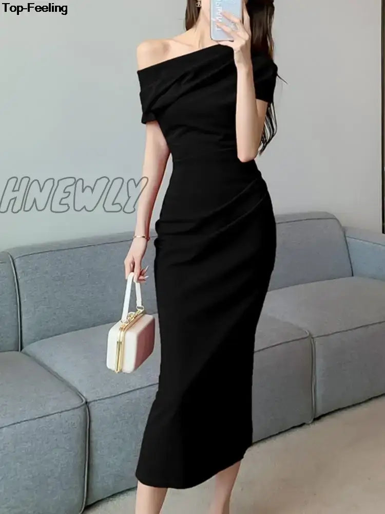 Hnewly Elegant Off Shoulder Evening Party Dresses Women Summer Fashion Slim One Piece Solid Vestidos Korean Graduation Robe Clothing