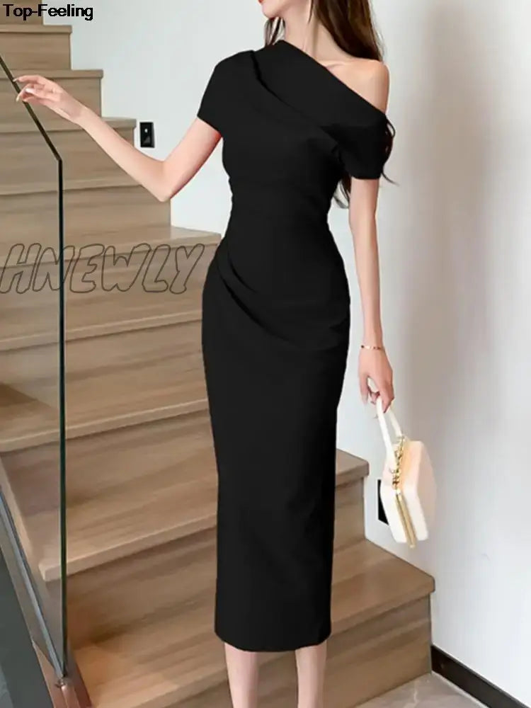 Hnewly Elegant Off Shoulder Evening Party Dresses Women Summer Fashion Slim One Piece Solid Vestidos Korean Graduation Robe Clothing