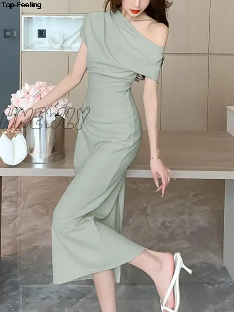 Hnewly Elegant Off Shoulder Evening Party Dresses Women Summer Fashion Slim One Piece Solid Vestidos Korean Graduation Robe Clothing